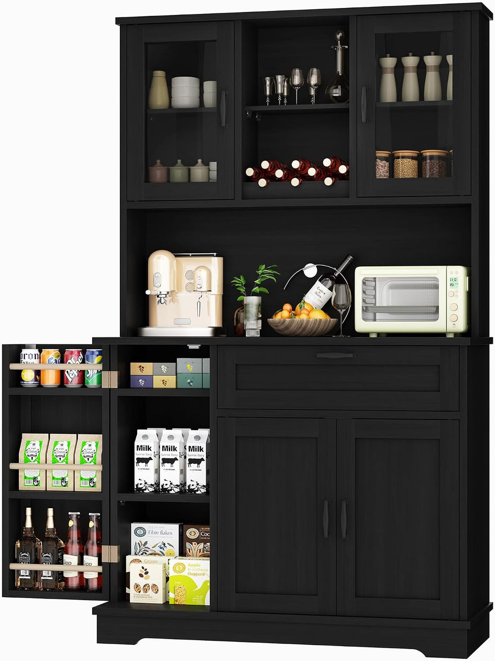 Shintenchi 68" Kitchen Pantry Storage Cabinet, with Microwave Stand, Bla...