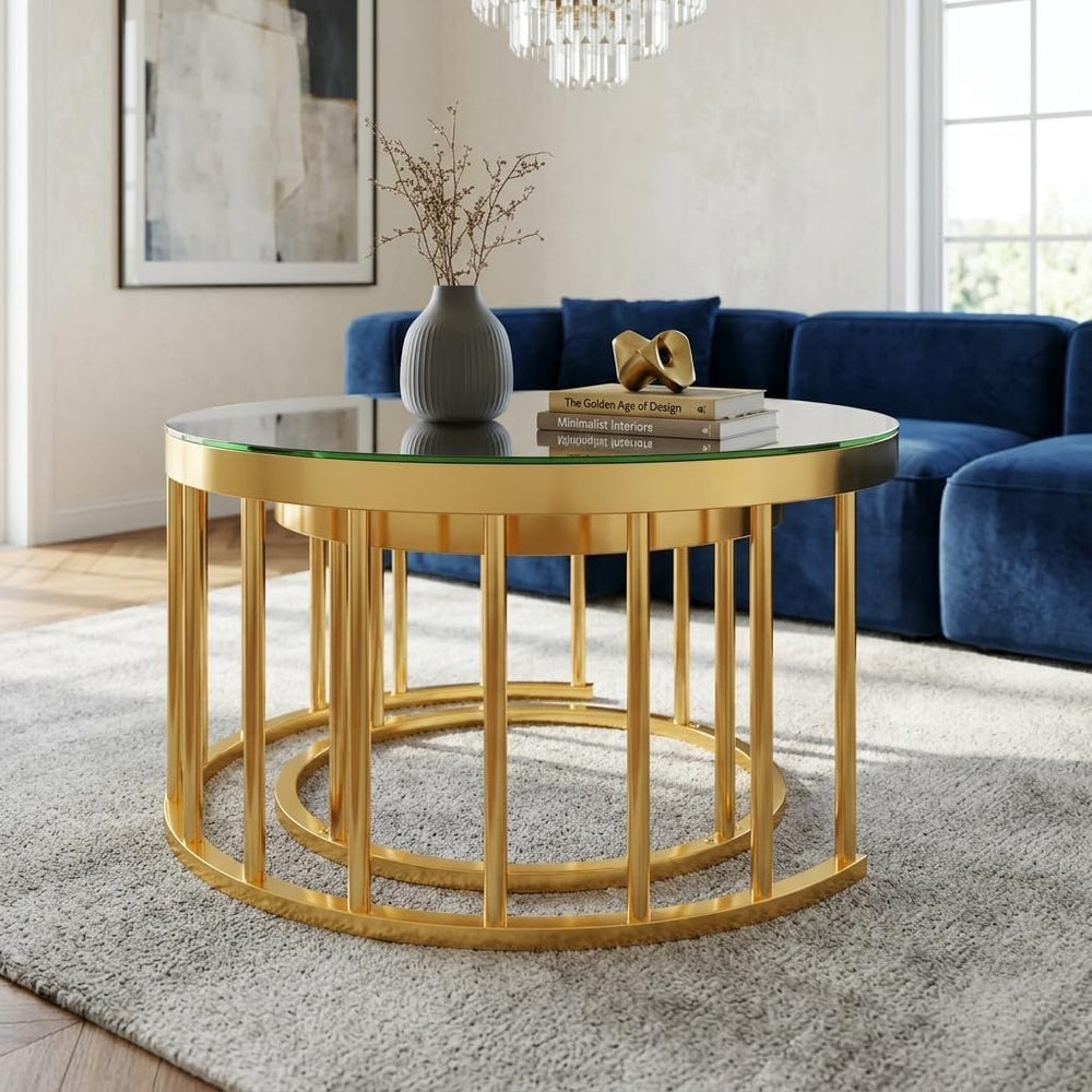 JIVOIT 2-Piece Round Nesting Coffee Table Set with Gold Metal Frame | Modern ...