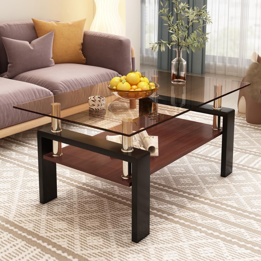 Rectangle Coffee Table, Tempered Glass Tabletop with MDF Layer, Modern Table ...