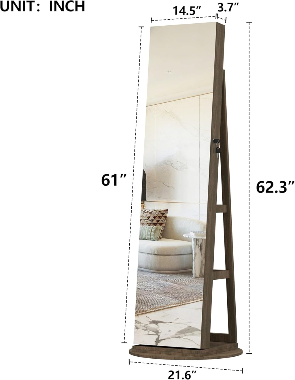 Montary 360° Rotating Jewelry Cabinet with Full-Length Mirror - Freestanding Jewelry Armoire with Lockable Storage, Built-In Lighted Mirror & Back Display Shelves,Brown