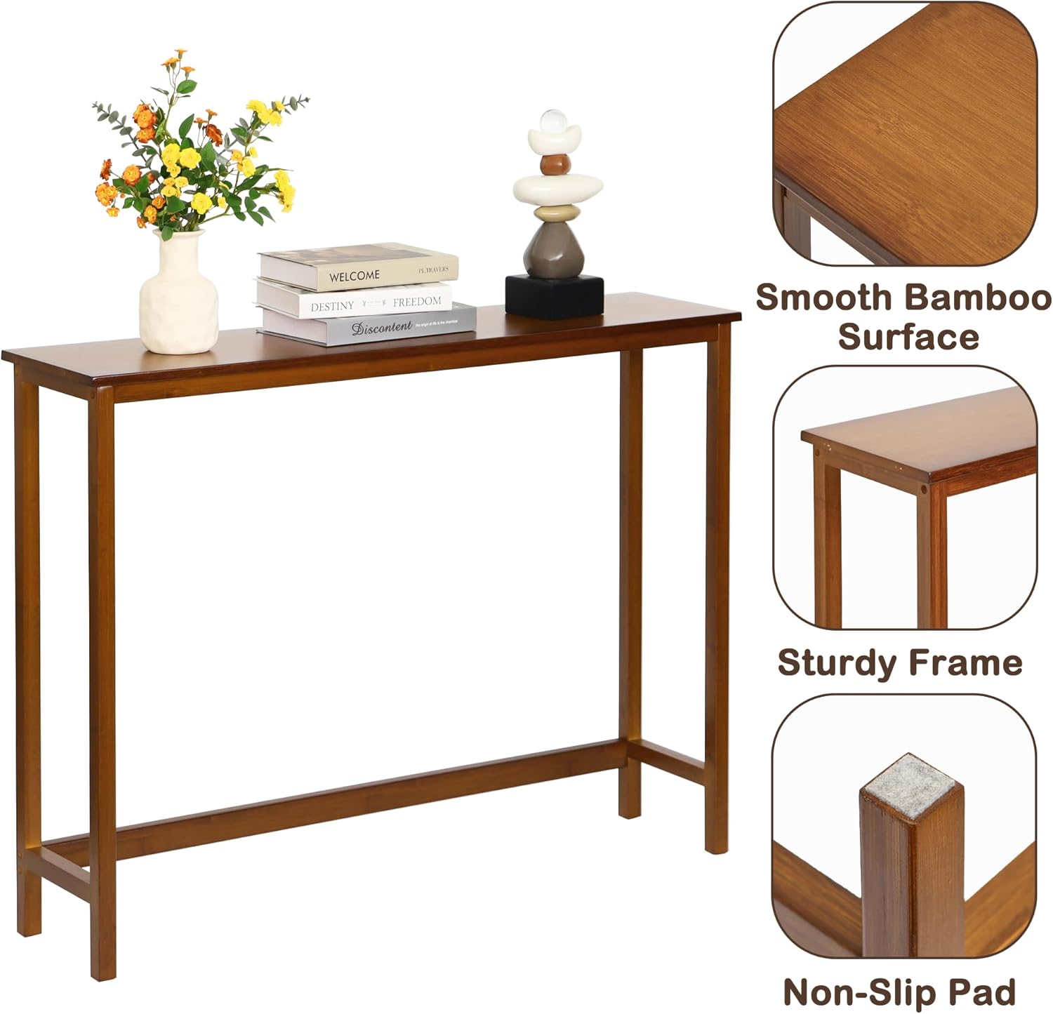 Bamboo Narrow Console Table, 39.4"(L) Wood Small Entryway Table, Accent Slim Hallway Tables, Thin Sofa Side Tables for Hallway, Living Room, Bedroom, Foyer, Walnut