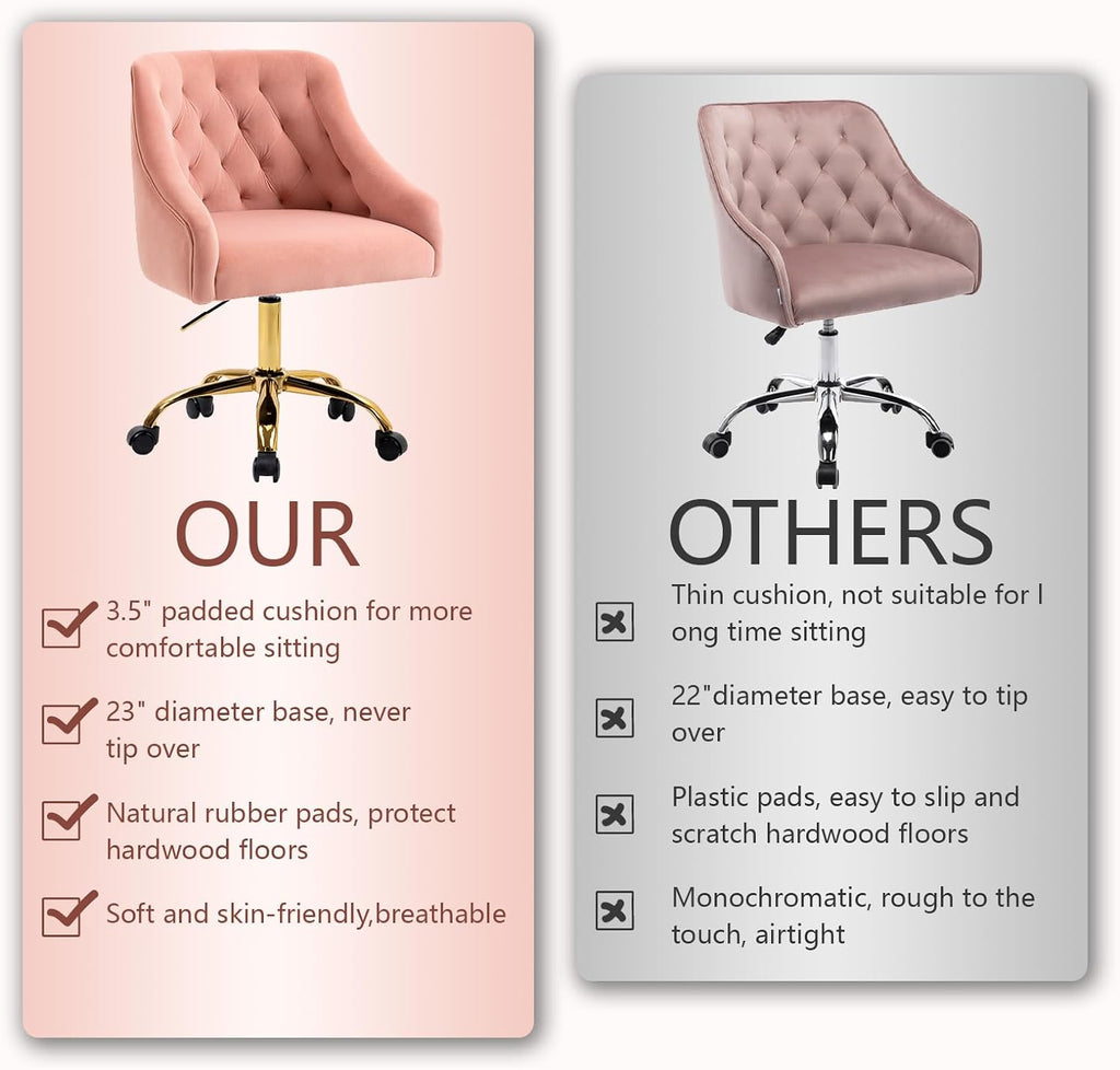 MOJAY Velvet Home Office Desk Chair, Vanity Chair with Wheels Pretty Fancy Gold 360°Swivel Height Adjustable Office Chairs for Girls Home Offices, Bedrooms, Living Room (Pink)