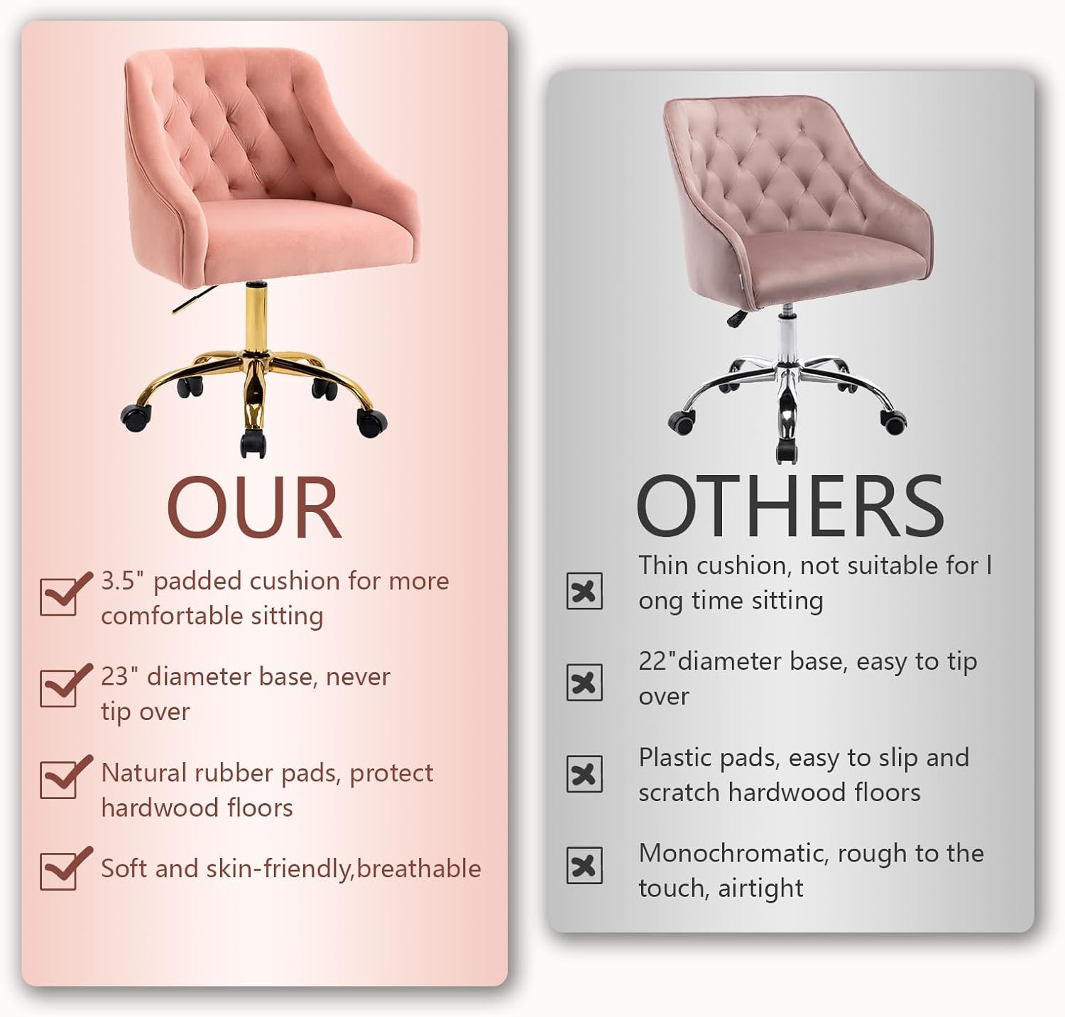 MOJAY Velvet Home Office Desk Chair, Vanity Chair with Wheels Pretty Fancy Gold 360°Swivel Height Adjustable Office Chairs for Girls Home Offices, Bedrooms, Living Room (Pink)