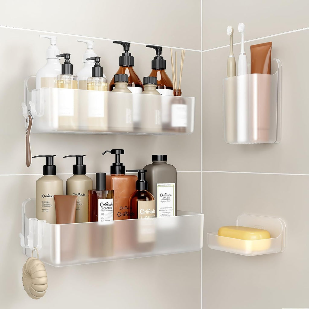 Orimade Shower Caddy 4-Pack, No-Drill Adhesive Shelves for Bathroom, Rustproof ABS Storage Organizer Set, Clear