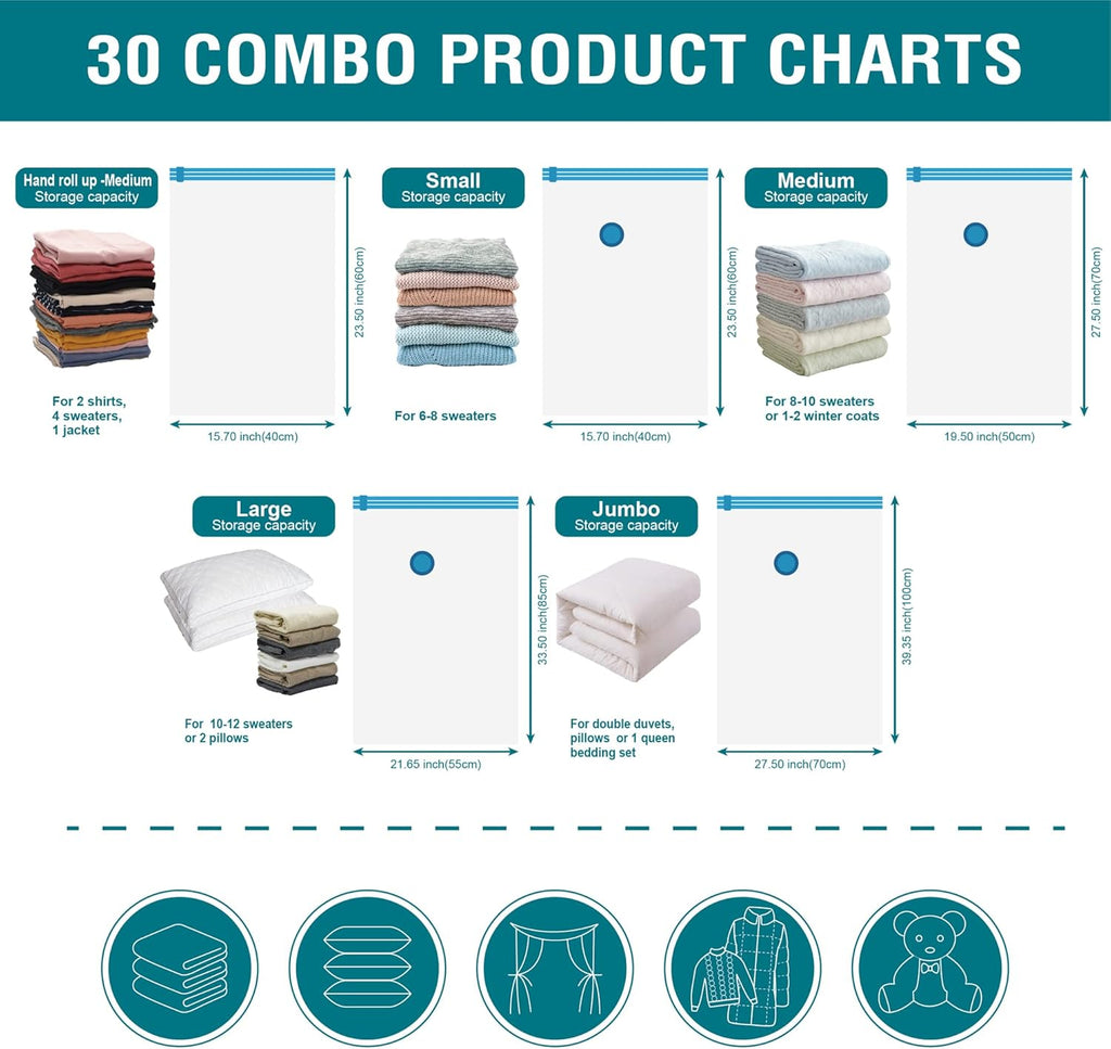 30 Pack Vacuum Storage Bags, Space Saver Vacuum Storage Bags, Vacuum Seal Bags for Clothing, Clothes, Comforters and Blankets, Hand Pump Included