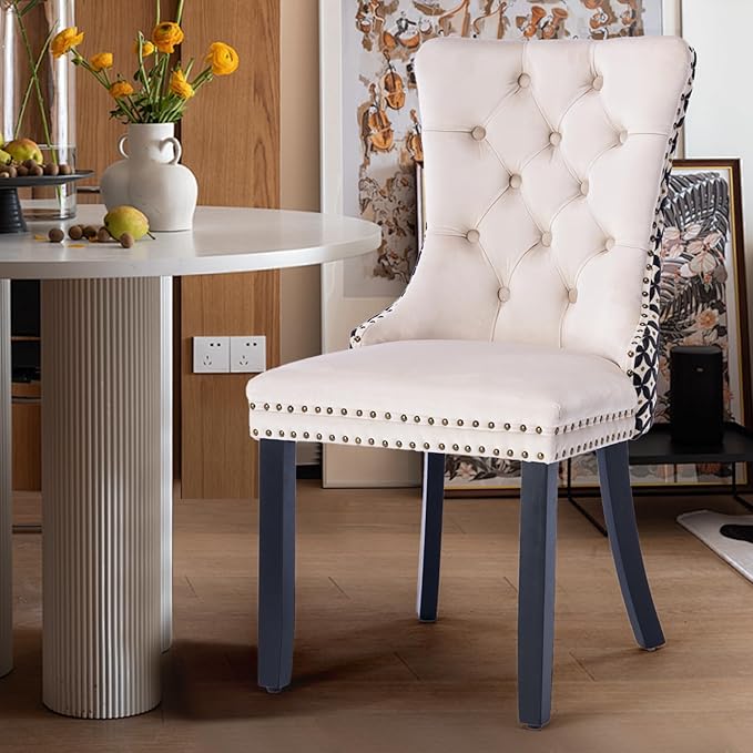 Velvet Upholstered Dining Chairs Set of 6, Modern Style Kitchen Side Chairs with Nailhead Trim and Wood Legs,Metal Pulling Ring for Dining Room Living Room(Quadrangular Star&Beige)