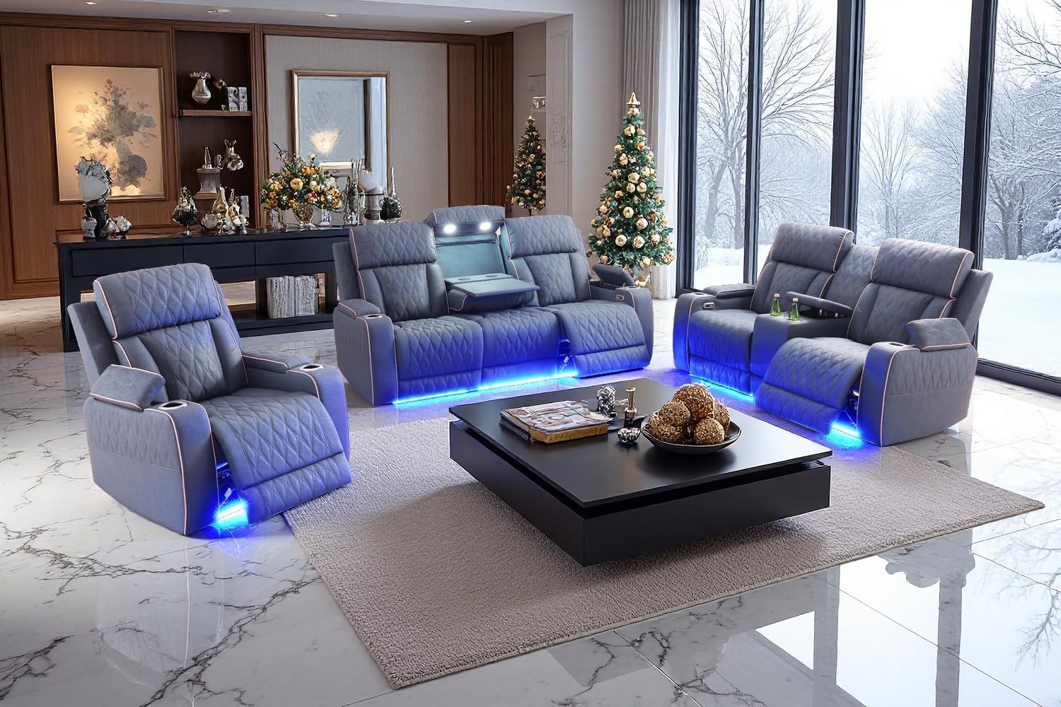 Power Recliner Sofa Set with LED, 3 Pieces Sectional Couch, Sandad Leather Living Room Furniture Sets, Modern Power Reclining Couch Leather Sofa with USB Ports/Cup Holders/Armrest Storage