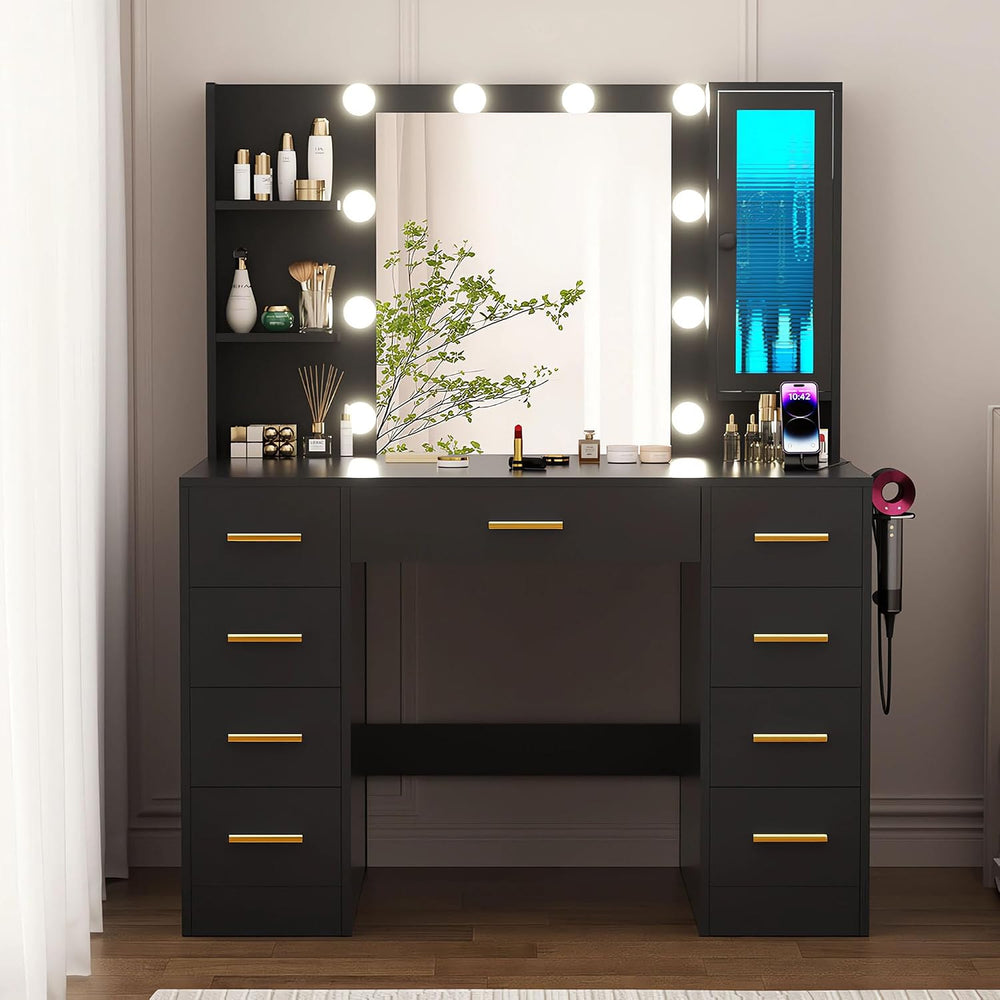 ERLEJIA Vanity Desk with Mirror and Lights, 43" Large Makeup Dressing Ta...
