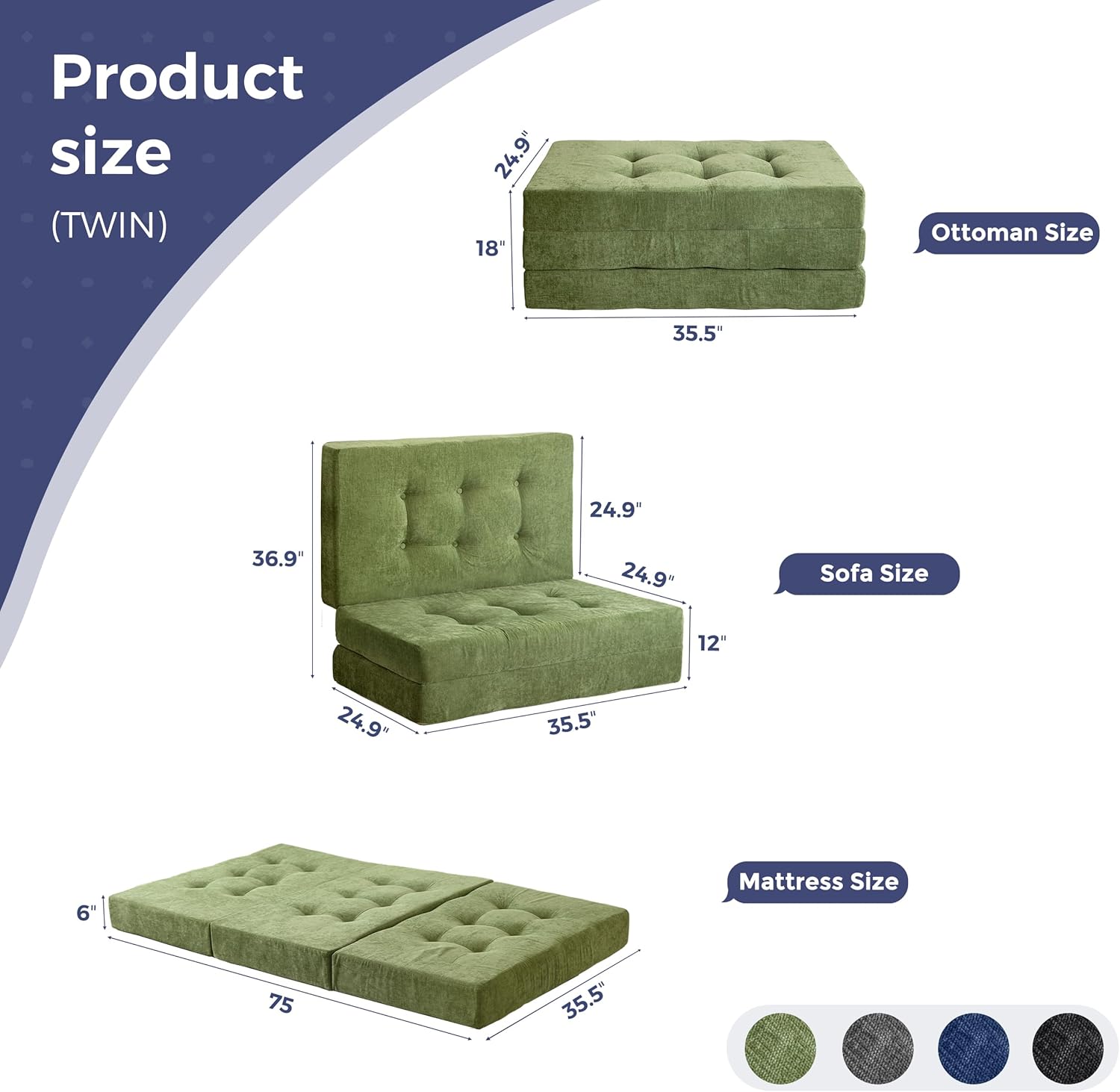 MAXYOYO 6" Folding Sofa Bed for Floor, Tufted Tri-Fold Floor Mattress | Twin Size Portable Sofa Couch Guest Mat with Chenille Fabric for Adults, Foldable Topper for Camping, Green, Twin