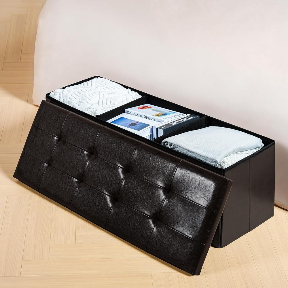 PINPLUS Folding Storage Ottoman Bench, Brown Faux Leather | Storage Chest wit...