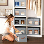 Large Closet Storage Bins - Collapsible Divided Clothes Organizer with Lids & Dual Window, Fabric Organizing Bins for Clothes, Sweater, Toys, Bedroom, Office (Grey, 3 Pack)