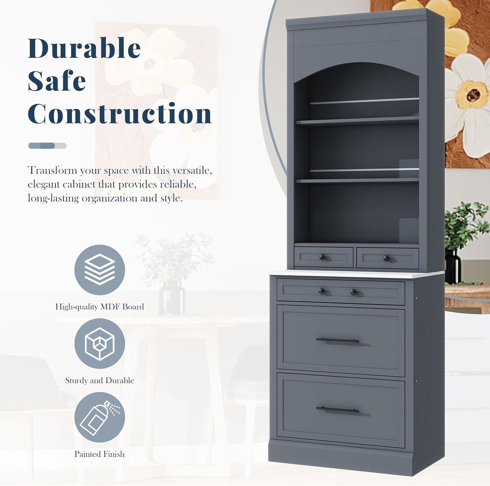 Merax Modern 83.7inch Freestanding Kitchen Hutch with Faux Marble Top, Kitche...
