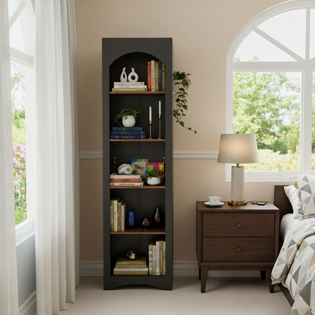 holzart 71.6" Tall Farmhouse Bookshelf, 5-Tier Narrow Bookcase & Storage Cabinet, Freestanding Kitchen Pantry Organizer with Adjustable Shelves for Living Room, Home Office, Black