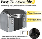 8x6ft Resin Outdoor Storage Shed with Floor and 2 Windows, Plastic Sheds & Outdoor Storage Clearance for Patio Furniture, GardenTools, Bike Accessories and Lawn Mower, Black+Grey