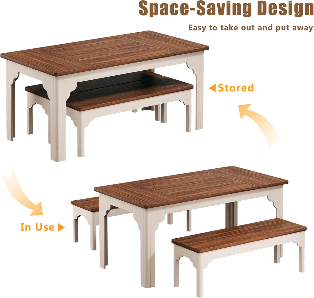 HUAHUU 63" Farmhouse Dining Table Set for 4-6, Kitchen Table with 2 Benc...