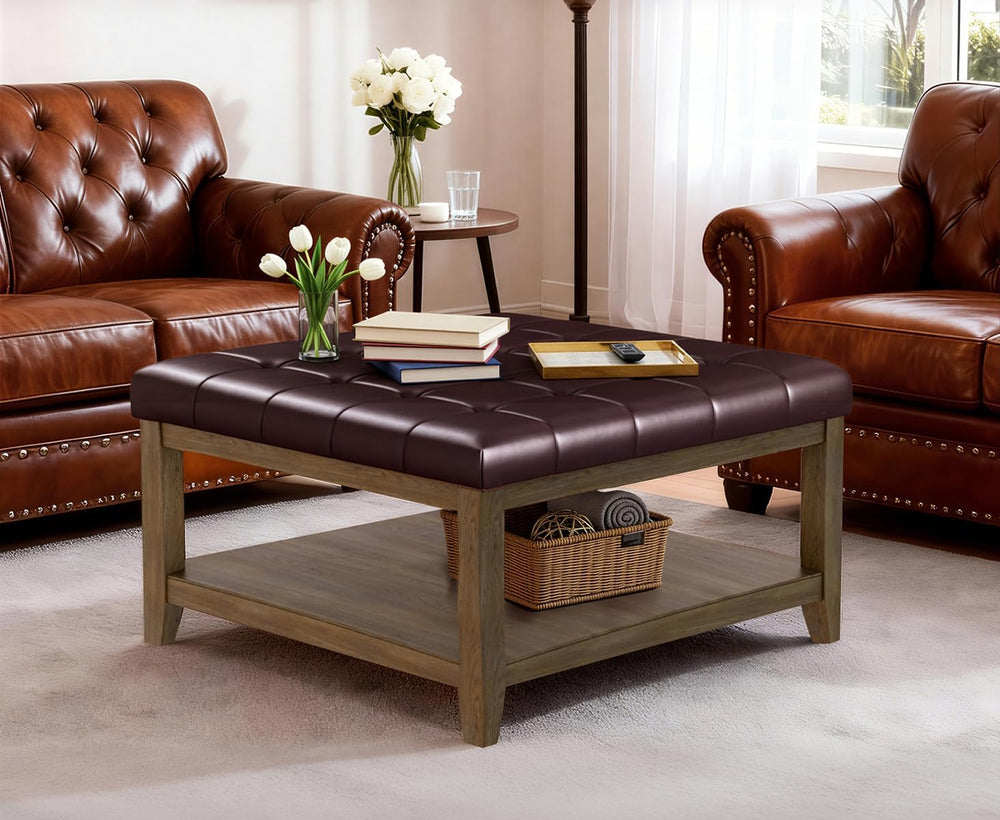 ABHENG 31.5" Large Square Storage Ottoman, Upholstery Solid Rubberwood C...