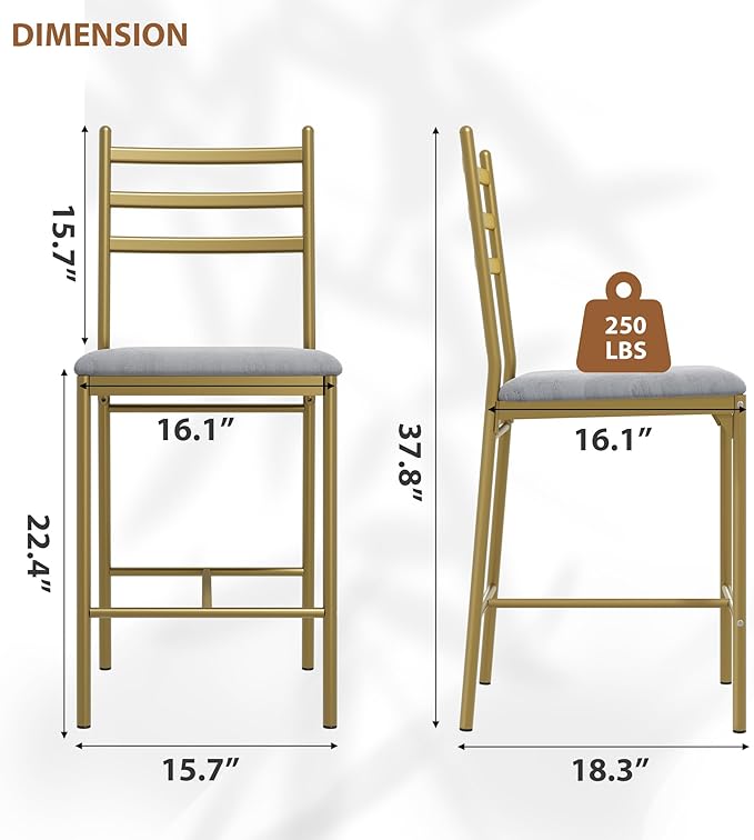 GarveeHome Bar Stools Set of 2, Counter Height Bar Chairs with Back and Thick Cushion, Upholstered Dining Chairs with Padded Seat, Barstools for Kitchen Island, Bar, Dining Room, Retro Gold
