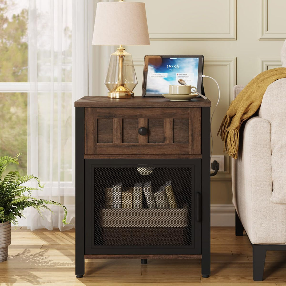 FATORRI End Table with Charging Station, Farmhouse Side Table with Drawer, Ru...