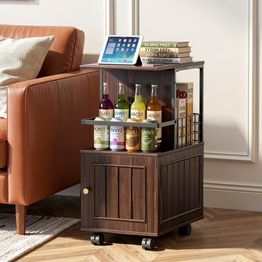 Narrow End Table with Storage Cabinet, Small Side Table with Open Storage Are...