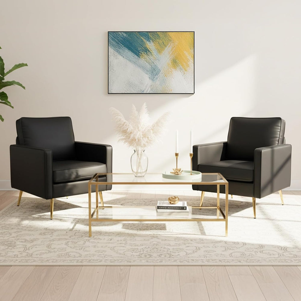 VINGLI Faux Leather Accent Chairs Set of 2 with Gold Legs for Living Room | B...