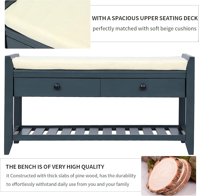39″ Storage Bench with Cushioned Seat and Drawers,Multipurpose Wooden Entryway Ottoman,Hidden Compartment Organizing Shoe Rack,for Bedroom Hallway Porch,Antique Navy