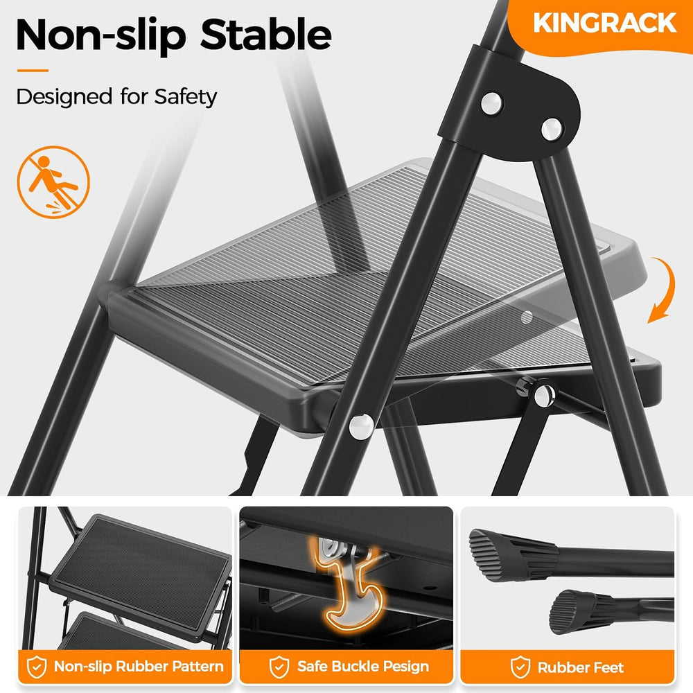 KINGRACK 2 Step Ladder Folding Step Stool with Handrail for Kitchen Black