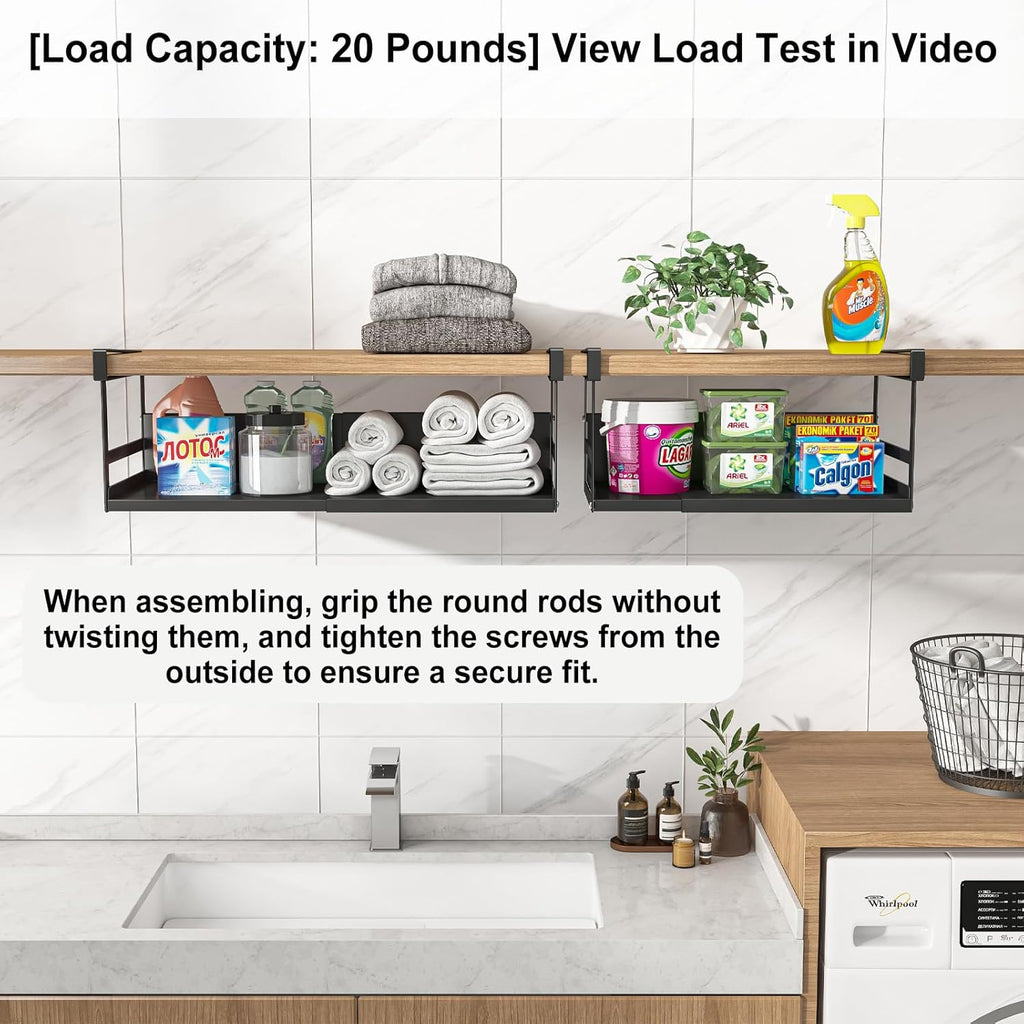 Expandable Under Cabinet Shelf Organizer with 0.94-Inch Thick Clips, Heavy Duty Extendable Under Shelf Storage Basket for Pantry or Laundry Room, Black, 2 Pack, Interior: 4.13" H x 7.2" D