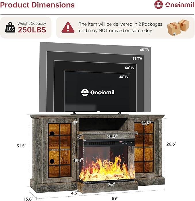 oneinmil 59'' Fireplace TV Stand, 3 Sided Glass Media Entertainment Center Console Table for TVs up to 65'' with Glass Door Adjustable Flame LED Color for Living Room, Set of TV Table, Grey