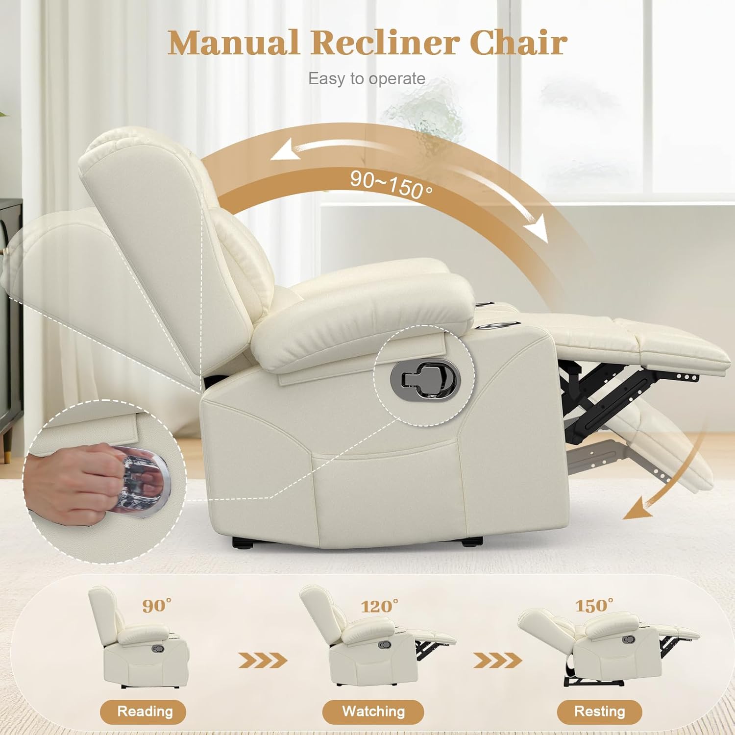 RV Recliner Chair, Oversized Reclining Loveseat Home Theater Seating with Cup Holders, Insert Pockets, Wall Hugger RV Recliners for Movie Room, Recline Movie Seats Gaming Sofa, White