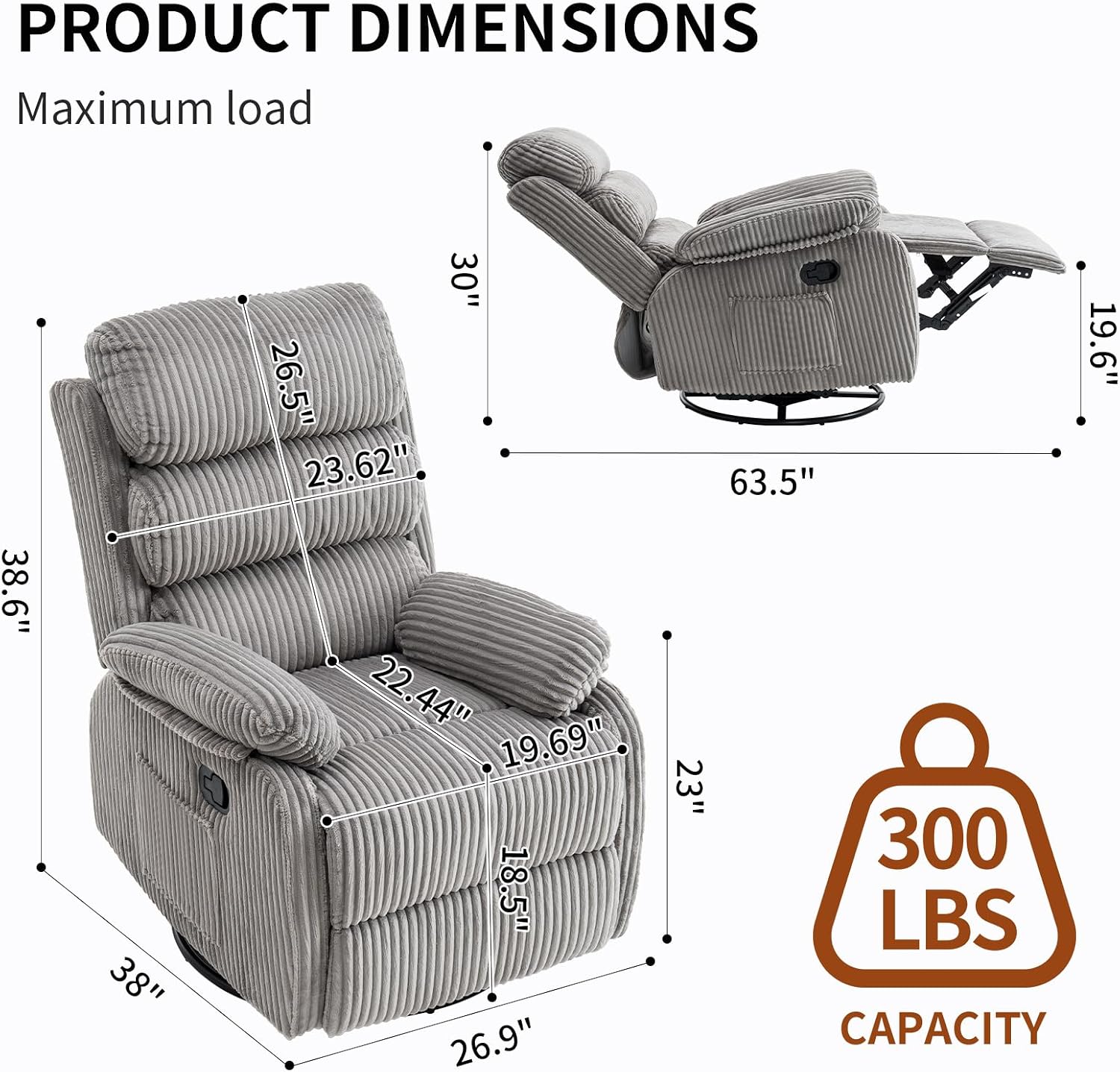 Premium Velvet 360° Swivel Rocker Recliner with Extended Footrest - High Back Glider Chair for Nursery, Living Room & Small Spaces, Featuring Padded Armrests and Handy Side Pocket, Grey