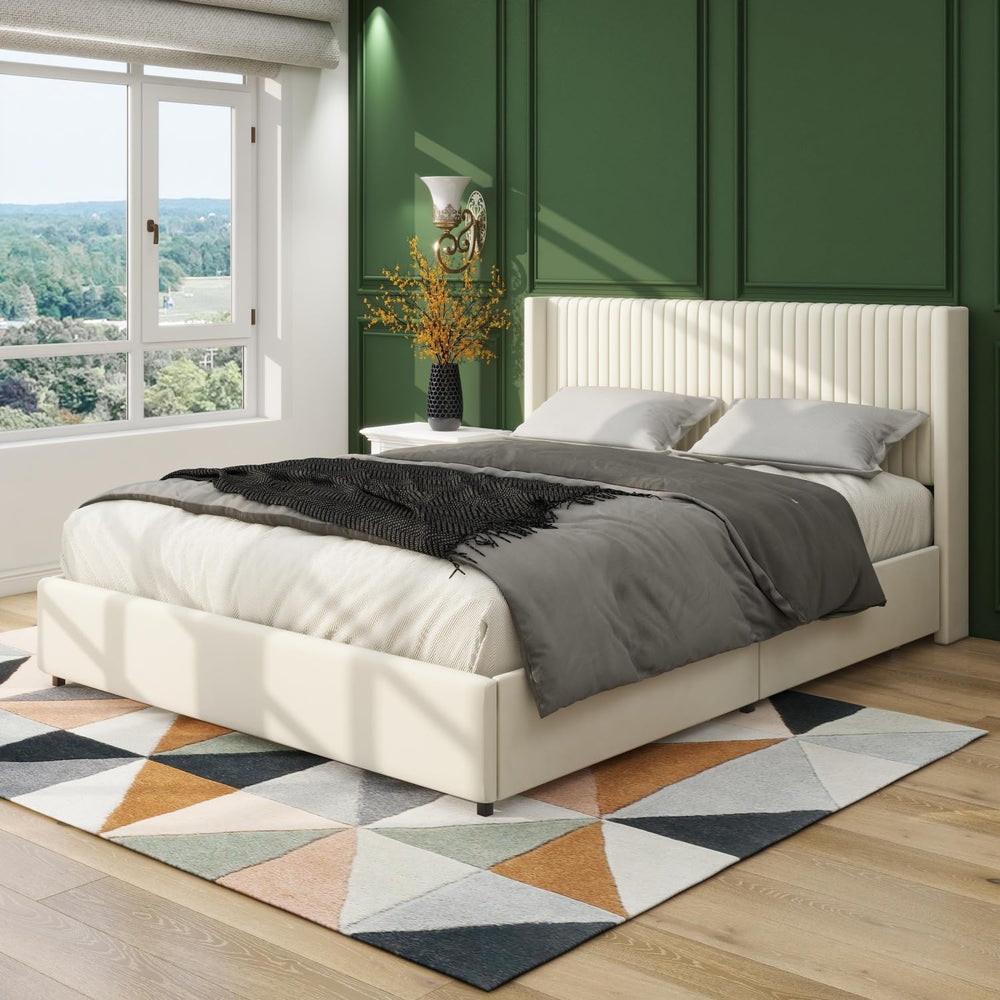Ivory Velvet Upholstered Wingback Platform Bed with 2 Drawers, Queen Size Sto...