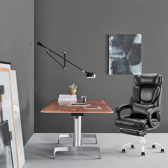 COLAMY Office Chair with Retractable Footrest, Ergonomic High Back Design Executive Computer Desk Chair with Removable Lumbar Pillow, 90-135°Reclining, Thick Bonded Leather for Home Office Work, Black