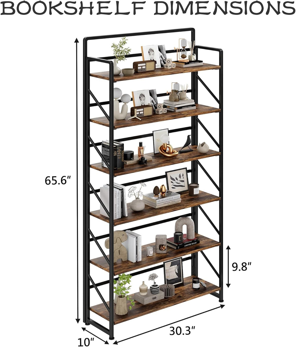JSB Folding Bookshelf,Industrial Storage Shelves, No Assembly Vintage Wood Look Bookshelf with Storage Shelves for Living Room, Bedroom, Office (Fire Brown, Wide 6-Tier)