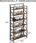 JSB Folding Bookshelf,Industrial Storage Shelves, No Assembly Vintage Wood Look Bookshelf with Storage Shelves for Living Room, Bedroom, Office (Fire Brown, Wide 6-Tier)