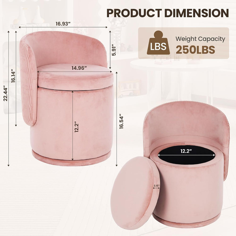 MALOL Velvet Swivel Vanity Chair with Storage, Pink | Modern Makeup Stool wit...