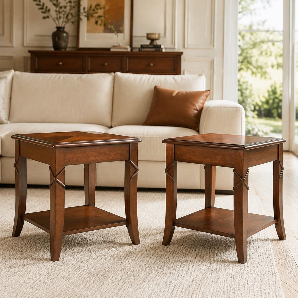 Living Room Tables Set of 3- One Coffee Table and Two End Table with Carved T...