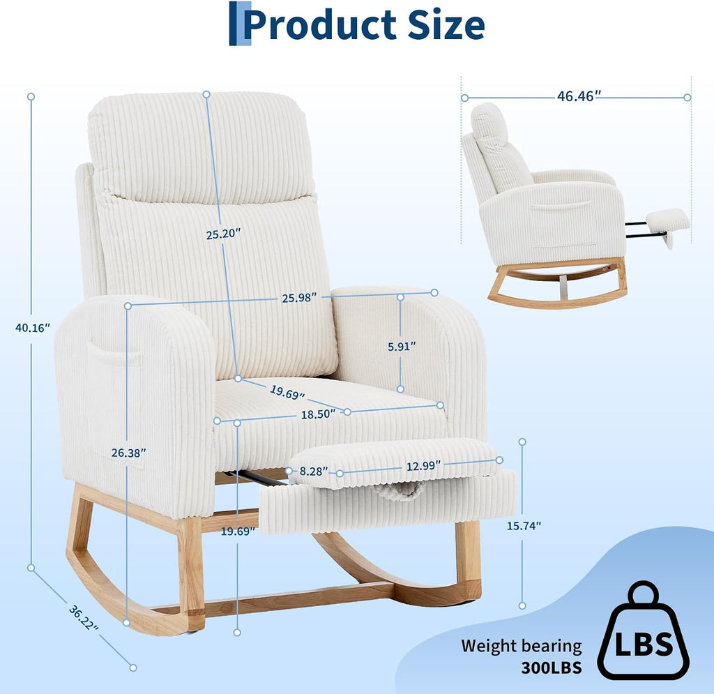 GarveeLife Nursery Rocking Chair,300lb Glider Chair with Solid Wood Legs/Two Side Pockets,Corduroy Upholstered Glider Rocker with Footrest High Backrest for Living Room/Bedroom/Nursery