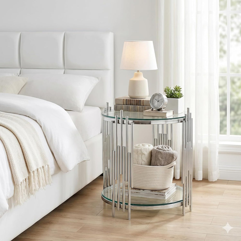 SSLine Round Glass Side Table with Silver Stainless Steel Frame Luxury Circle...