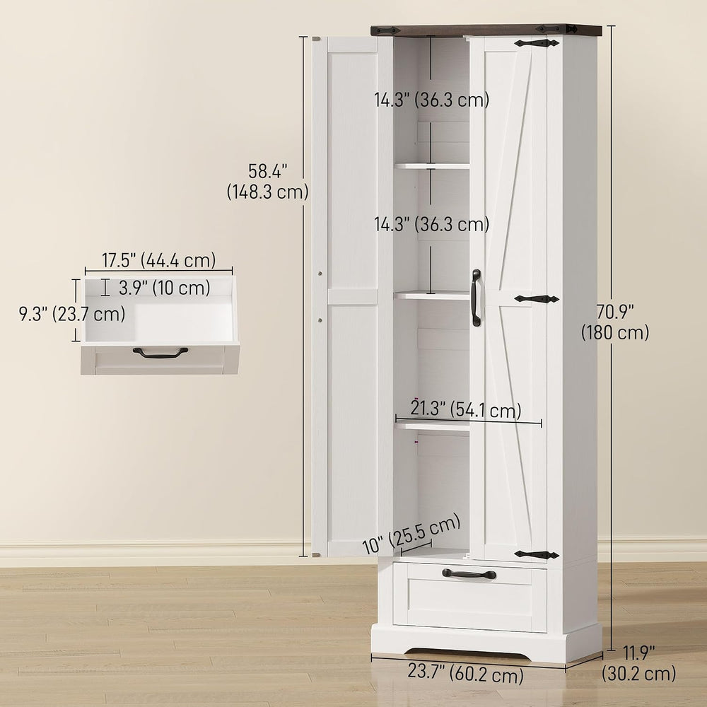 HOMCOM 71" Tall Kitchen Pantry Storage Cabinet Barn Doors Drawer White |...