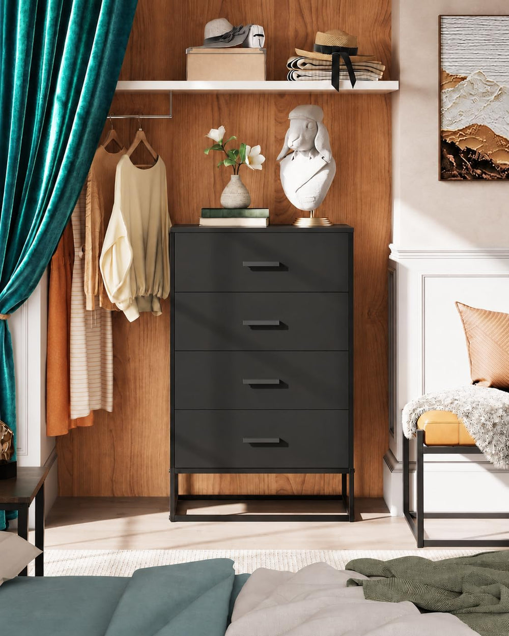 WLIVE Wooden Dresser for Bedroom with 4 Drawers, Black