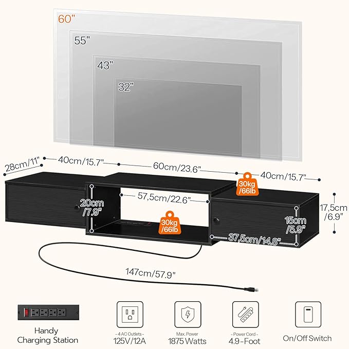 HOOBRO 55" Floating TV Stand with Power Outlets, Modern Wall Mounted Med...