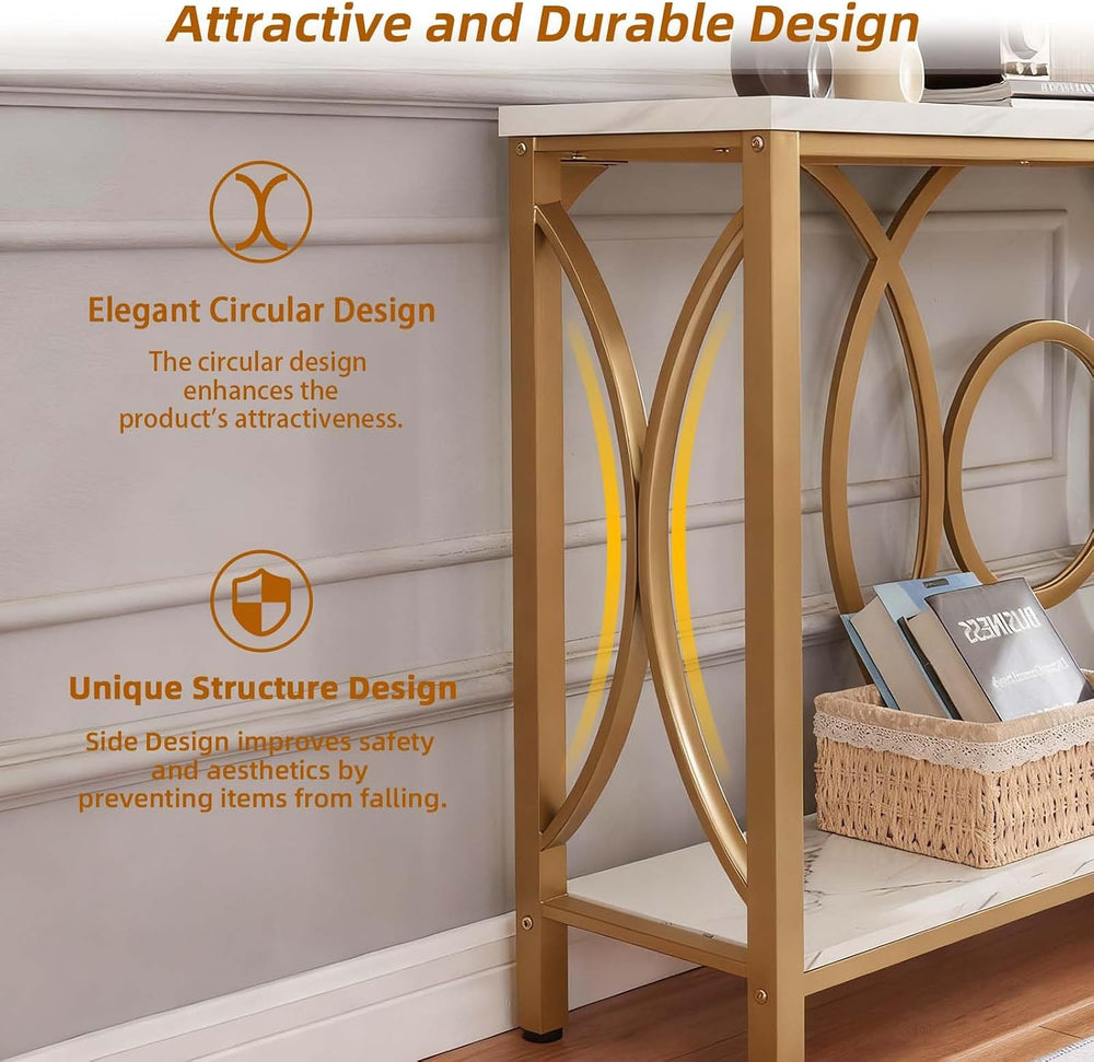 HOMISSUE Sofa Console Table, Modern Gold Console Table with Faux Marbled Tabl...