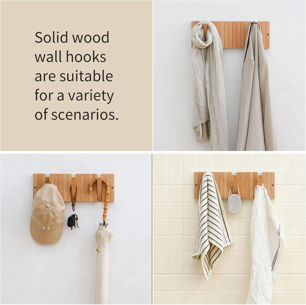 Coat & Hat Hooks Wall Mount with Key Holder, Wall Mounted Coat Rack with 9 Retractable Hangers, Solid Wood Slim Key Holder for Entryway, 17in Natural Finish