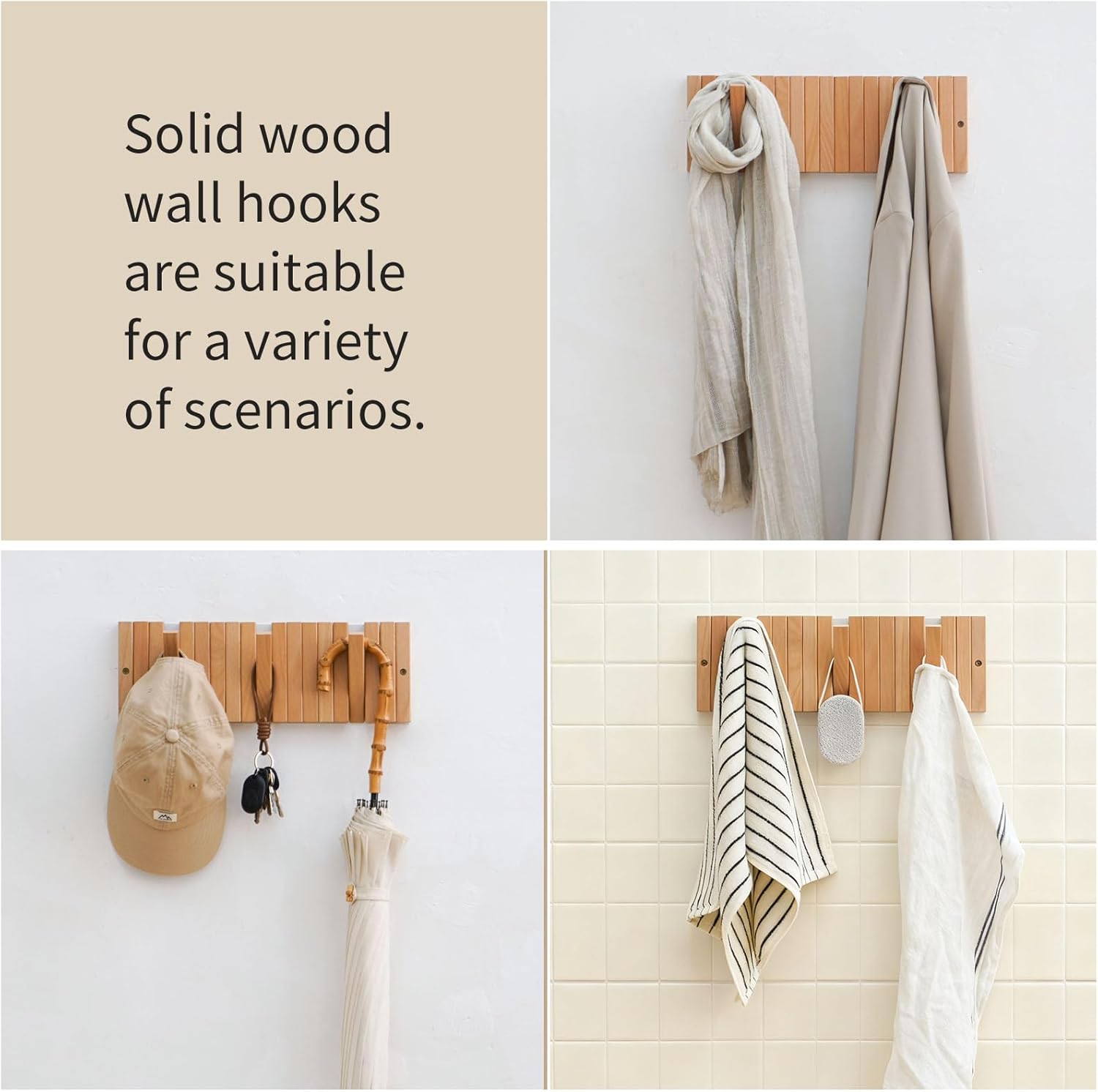 Coat & Hat Hooks Wall Mount with Key Holder, Wall Mounted Coat Rack with 9 Retractable Hangers, Solid Wood Slim Key Holder for Entryway, 17in Natural Finish