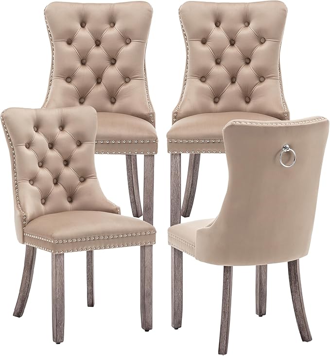 Kiztir Velvet Dining Chairs Set of 4, Upholstered Dining Chairs with Ring Pull Trim and Button Back, Luxury Tufted Dining Chair for Living Room, Bedroom, Kitchen (Khaki)
