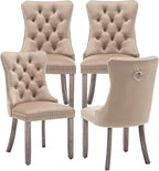 Kiztir Velvet Dining Chairs Set of 4, Upholstered Dining Chairs with Ring Pull Trim and Button Back, Luxury Tufted Dining Chair for Living Room, Bedroom, Kitchen (Khaki)
