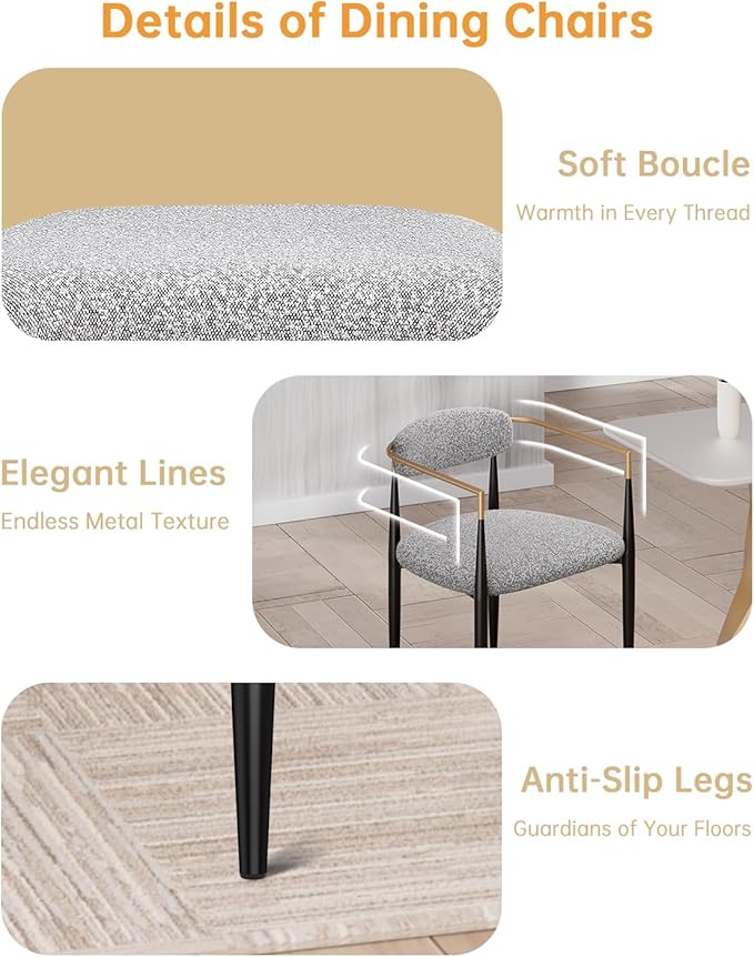 Morden Fort Modern Boucle Dining Chairs Set of 4, Grey Upholstered Dining Chairs with Black Metal Legs and Gold Armrest, Accent Chairs for Kitchen, Living Room and Bedroom