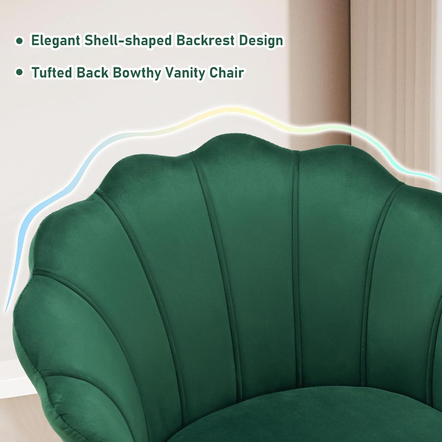 Furnimart Vanity Chair with Back, Shell Accent Chair for Living Room, Criss Cross Chair with Gold Legs, Makeup Chair for Bedroom Desk Chair no Wheels, Velvet Green