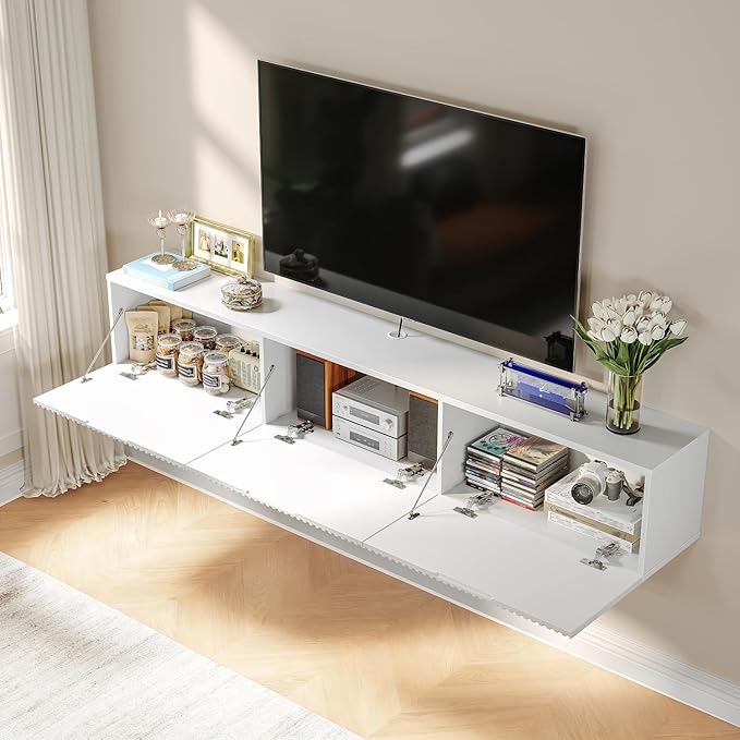 Floating TV Stand with 3 Doors, 70IN Wall Mounted TV Cabinet, Floating Media Console Entertainment Center with Storage, Under TV Shelf for Bedroom Living Room,White