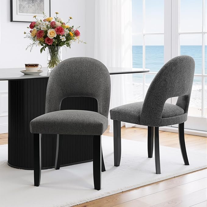 Upholstered Dining Chairs Set of 2, Mid Century Modern Dining Kitchen Chairs with Solid Wood Legs & Fabric Backret for Kitchen and Dining Rome, Grey